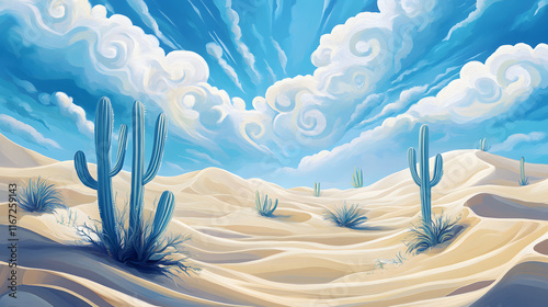 Dreamlike Art Nouveau Inspired Desert Painting With Smooth Rolling Sand Dunes and Luminous Patterns photo