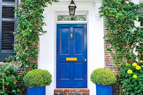 Blue front door on white wall