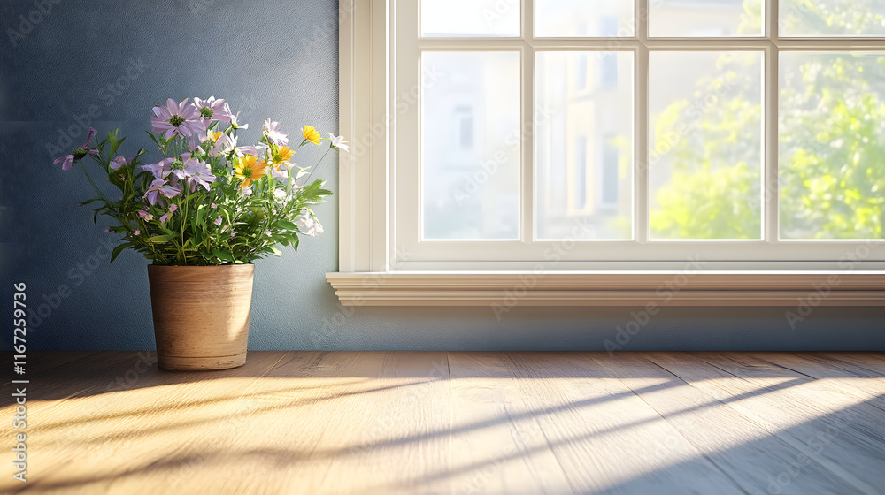 tranquil room features wooden windowsill adorned with vibrant flower pot, casting soft shadows on floor, creating serene atmosphere filled with natural light tranquil room features wooden windowsill adorned with vibrant flower pot, casting soft shadows on floor, creating serene atmosphere filled with natural light
