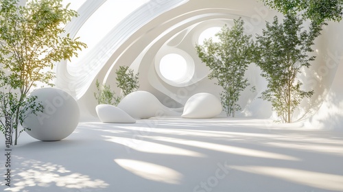 White organic interior with green plants and soft light.