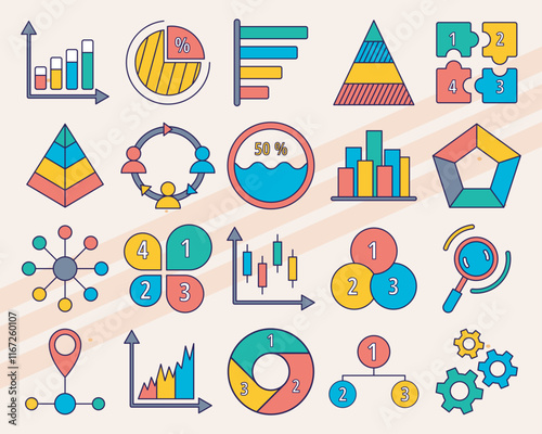 Set of vector icons related to infographics and data visualization including charts graphs and diagrams