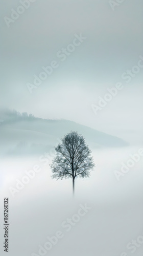 Ethereal Serenity: A Lone Tree Fading Into the Misty Landscape, Emphasizing Tranquility and Introspection photo