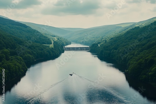 Serene Landscape of a Tranquil River Flowing Through Lush Green Hills and an Arched Bridge under a Cloudy Sky in a Picturesque Natural Setting #1167260142