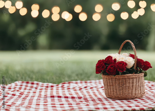 Roses with romantic valentine theme setup. A picnic scene featuring a basket of red and white flowers on a checkered blanket, set against softly blurred string lights. photo