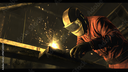 welder in protective gear is skillfully joining metal pieces together, creating sparks in dimly lit workshop. scene captures intensity and focus of welding process