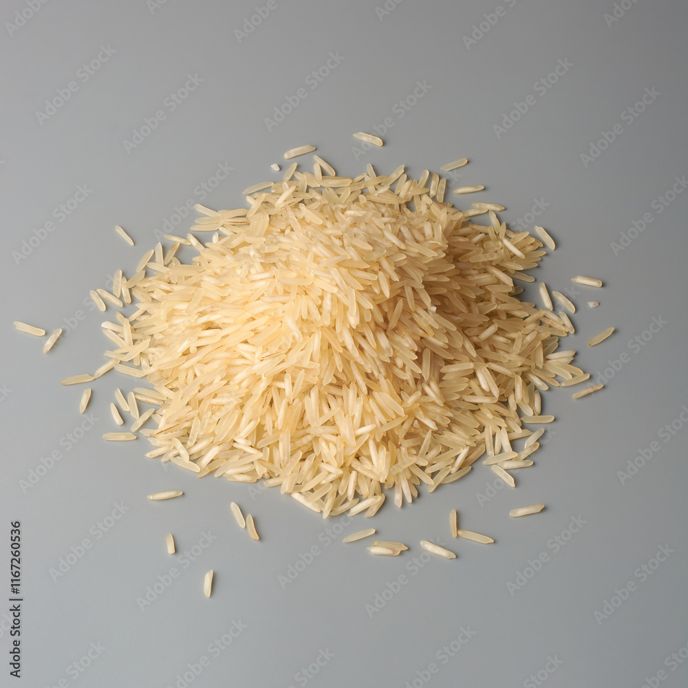 pile of raw basmati rice grains isolated neutral gray background, creamy white color grainy food pile of raw basmati rice grains isolated neutral gray background, creamy white color grainy food