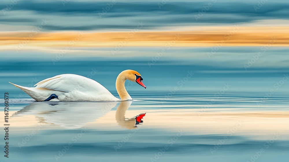 Obraz premium Serene swan swimming on calm water at sunset, reflecting its image.