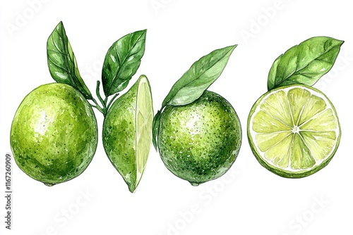 A watercolor illustration of limes, showcasing whole and sliced fruit with leaves.