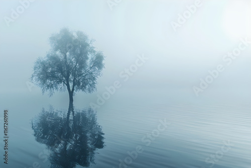 Ethereal Serenity: A Lone Tree Fading Into the Misty Landscape, Emphasizing Tranquility and Introspection photo