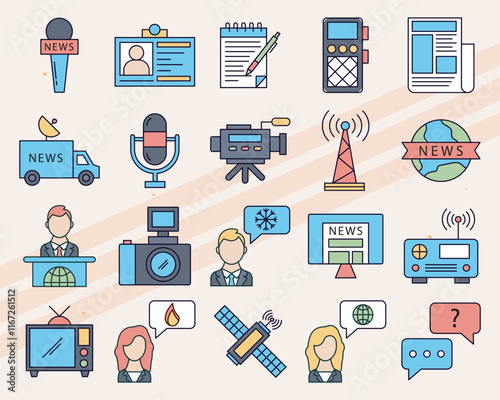 Vector icons related to journalism and media including microphones cameras and news elements