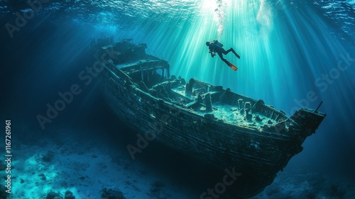 Sunken Ship: Scuba Diver Explores Shipwreck in Blue Mediterranean Waters
