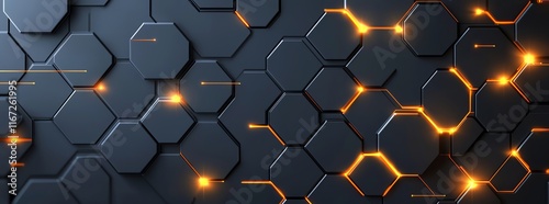 Futuristic hexagonal technology background with glowing orange lights