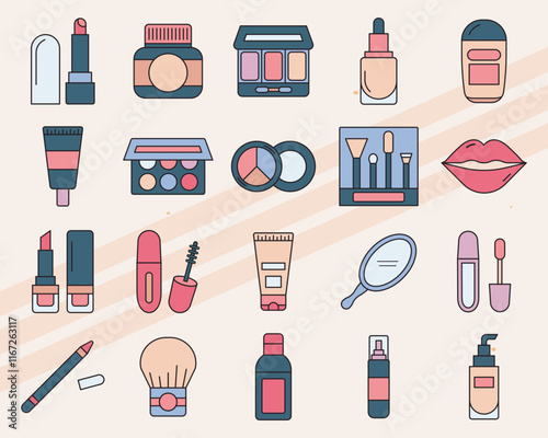 Set of vector icons related to makeup and beauty including lipstick mascara and brushes
