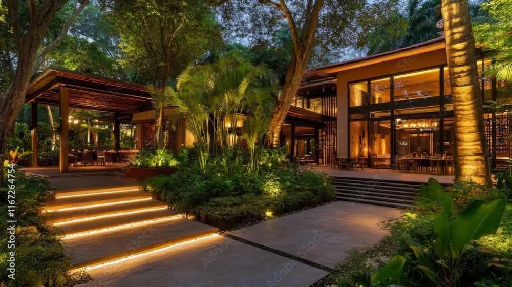 Tranquil Resort in Lush Forest with Soft Lighting Tranquil Resort in Lush Forest with Soft Lighting