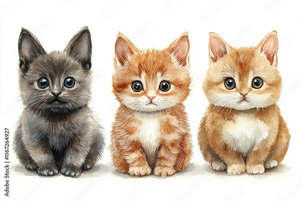 Three adorable kittens sitting side by side, showcasing their unique fur patterns and expressions. Three adorable kittens sitting side by side, showcasing their unique fur patterns and expressions.