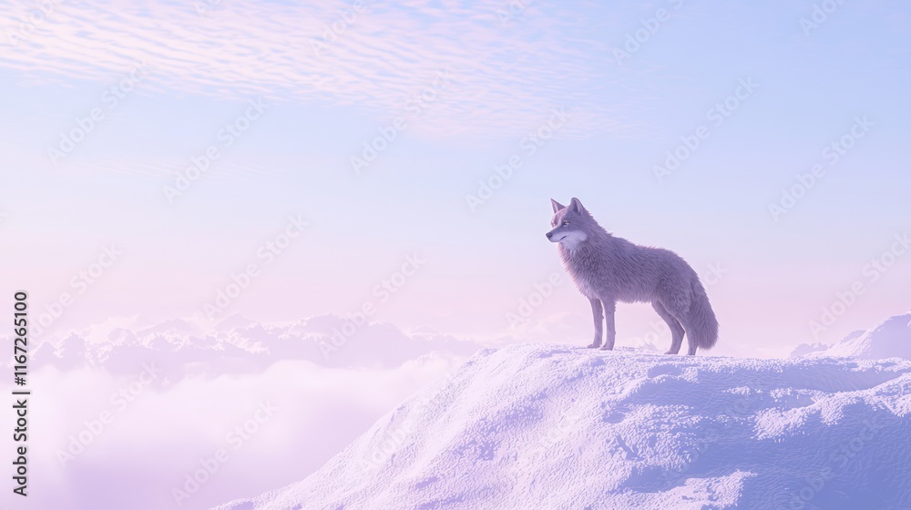 Fototapeta premium Majestic Wolf on Snowy Hilltop - Stunning Winter Wildlife Photography with Pale Blue Skies and Detailed Features