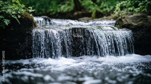 A serene waterfall cascading over rocks in a lush, green forest setting.