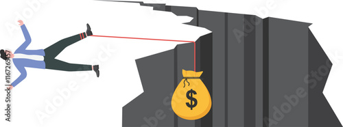 businessman holding on the cliff edge with money bag tied on his leg, Bankruptcy, liabilities, financial crisis concept

