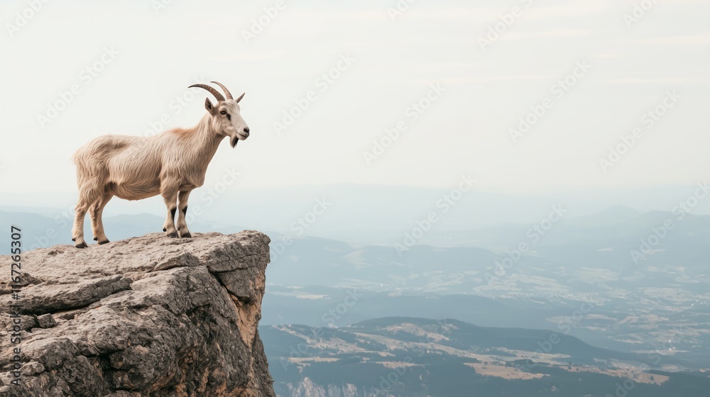 Majestic Mountain Goat Perched on Rocky Cliff Overlooking Valley - Breathtaking Wilderness Scene of Wildlife in Natural Habitat Majestic Mountain Goat Perched on Rocky Cliff Overlooking Valley - Breathtaking Wilderness Scene of Wildlife in Natural Habitat