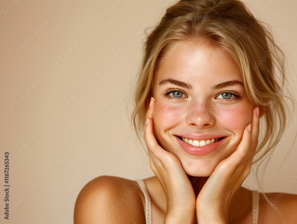 Elegant Female Model with Flawless Skin, Smiling in Simple Tank Top, White Background for Skin Care Advertising Elegant Female Model with Flawless Skin, Smiling in Simple Tank Top, White Background for Skin Care Advertising
