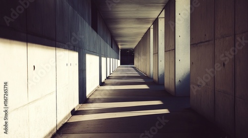 Concrete corridor with sunlight and shadows.