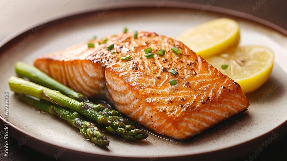 Grilled salmon with asparagus and lemon slices gourmet kitchen food photography cozy atmosphere close-up healthy eating Grilled salmon with asparagus and lemon slices gourmet kitchen food photography cozy atmosphere close-up healthy eating