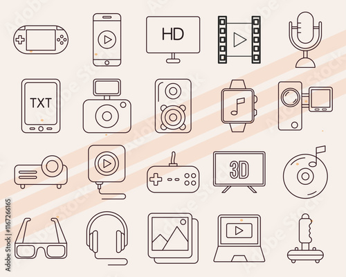 Additional multimedia-themed vector icons featuring various digital media and entertainment elements