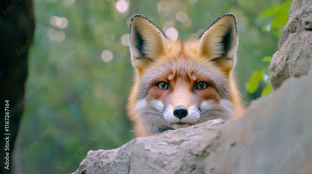 Fototapeta premium Curious Red Fox: Vibrant Wildlife Portrait in Serene Forest Setting