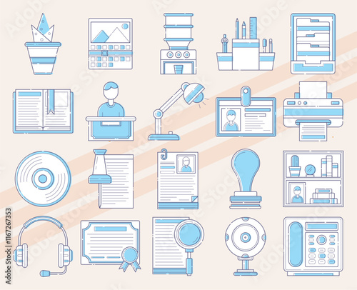 Additional office-themed vector icons featuring various office work and equipment elements