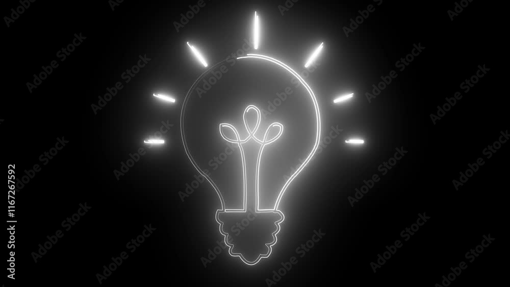 Neon light bulb icon with animation on isolated black background. Neon light digital bulb icon animation. Glowing neon lightning bulb icon. Neon light bulb icon animated, Innovation concept.