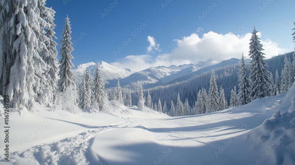Obraz premium Snowy mountain path with firs and blue sky.