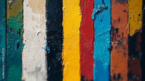 Colorful, textured, vertical painted planks.