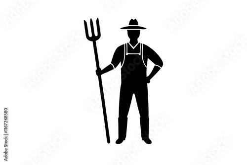 Traditional Agricultural Worker Silhouette Icon with Hat and Pitchfork