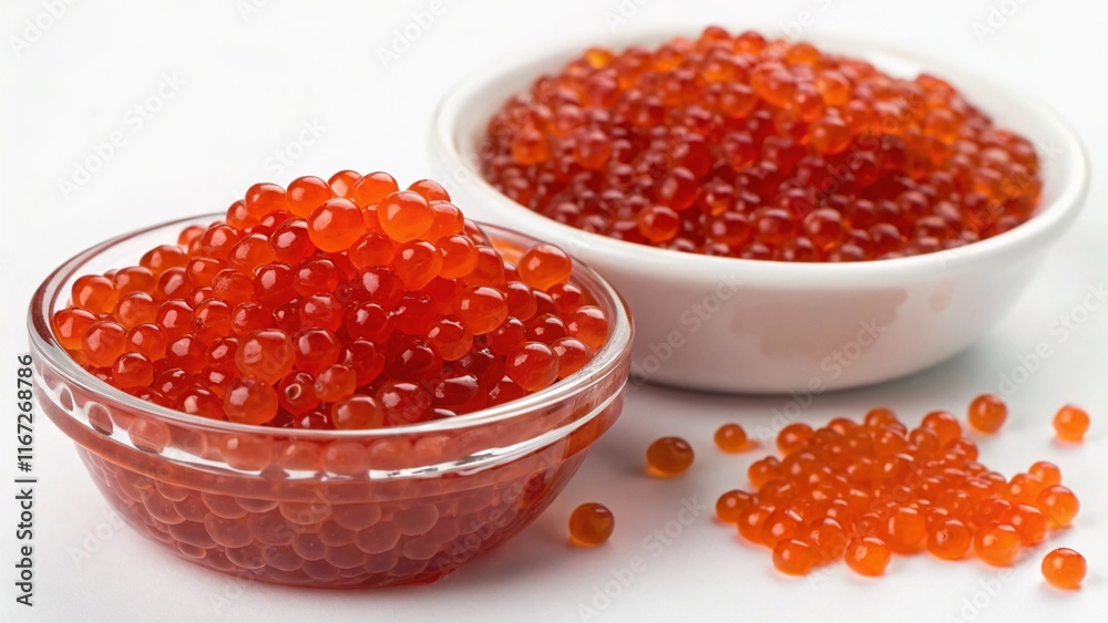 Red salmon roe in a glass jar, on a white background. Culinary delicacies, recipes. Red salmon roe in a glass jar, on a white background. Culinary delicacies, recipes.