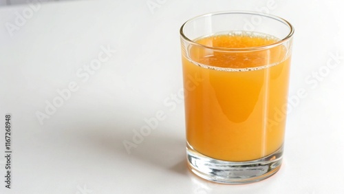 A classic glass of orange juice with ice on a white background is perfect for beverage advertising