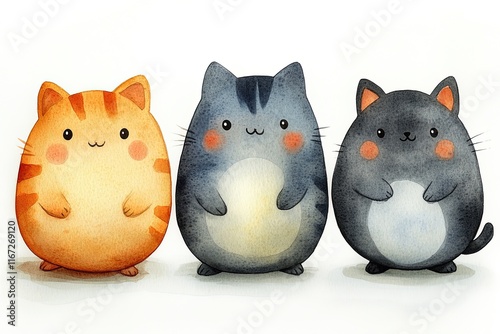 A cute illustration of three chubby, cartoon-style cats in various colors.