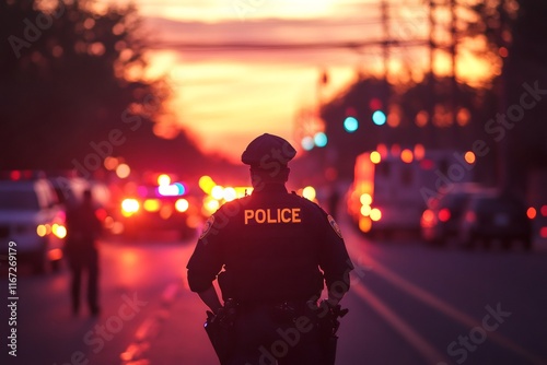 Police officer observing busy street at sunset photo