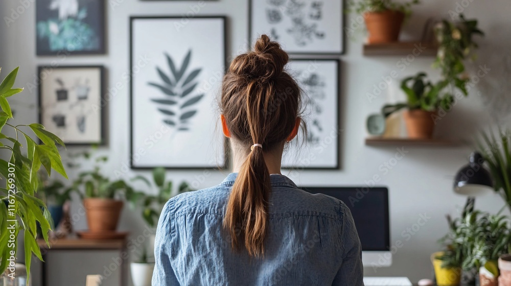 Back view woman in office with plants, artwork. Back view woman in office with plants, artwork.