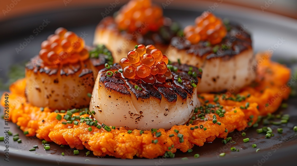 Deliciously plated scallops served with orange puree and garnished with caviar. Deliciously plated scallops served with orange puree and garnished with caviar.