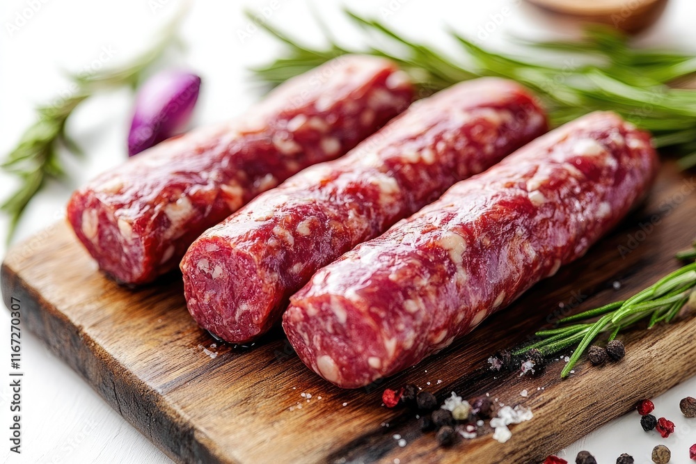 Small sausages resting on wooden cutting board with rosemary and spices Small sausages resting on wooden cutting board with rosemary and spices