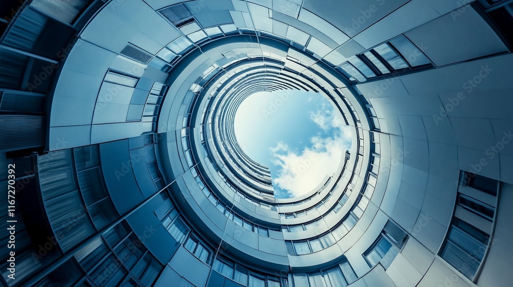 Fototapeta premium Blue circular building view from bottom to sky.