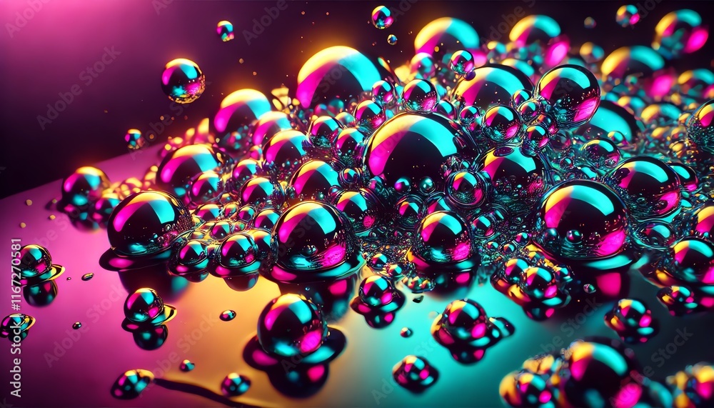 A close-up of iridescent liquid bubbles floating on a surface with a futuristic, neon glow A close-up of iridescent liquid bubbles floating on a surface with a futuristic, neon glow