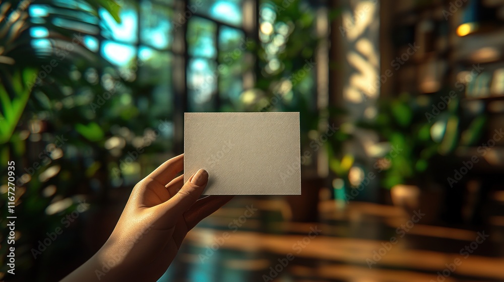 Close-up of a hand holding a blank business card in a serene office setting Close-up of a hand holding a blank business card in a serene office setting