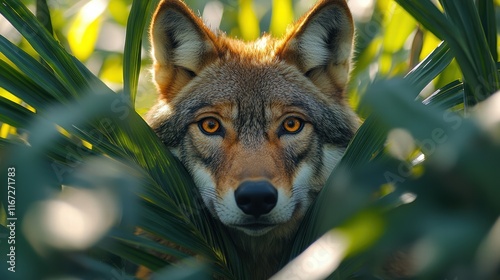 Wolf Peeking Through Palm Leaves Tropical Forest Wildlife Photography Lush Environment Close-up View Nature's Beauty photo