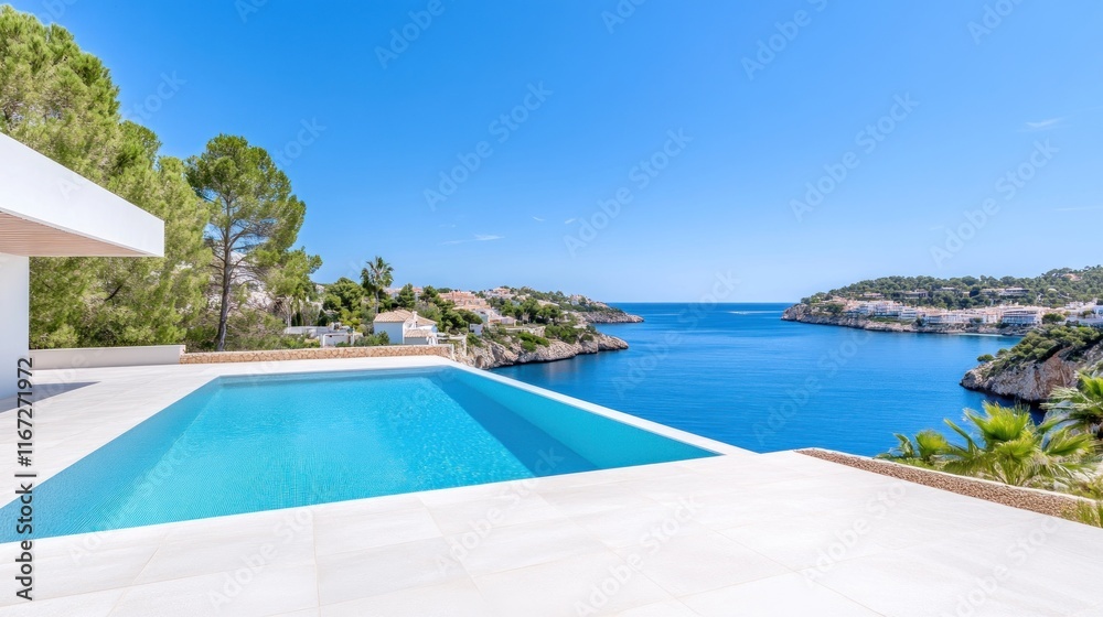 Modern villa with pool overlooking a serene coastal view. Modern villa with pool overlooking a serene coastal view.
