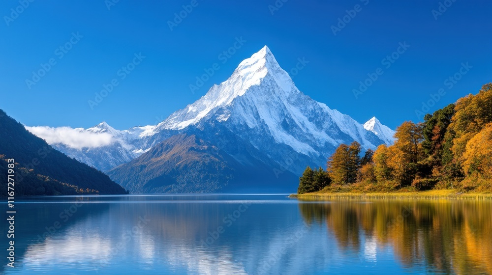 Naklejka premium Majestic mountain reflected in a tranquil lake under a clear sky.