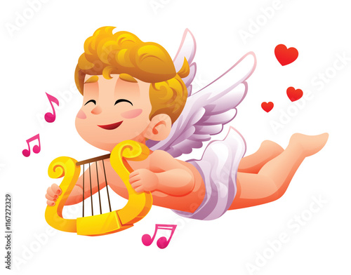 Adorable cupid playing golden harp surrounded by music notes and love hearts. Vector cartoon illustration