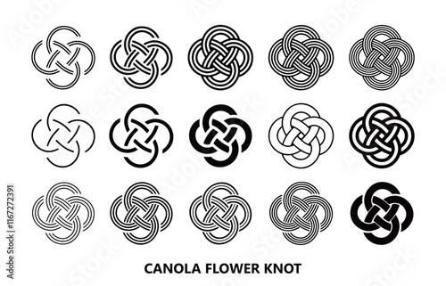 Mizuhiki Knot "Canola flower" Collection. Japanese Traditional Knot Design Isolated On Transparent Background. Vector Editable.