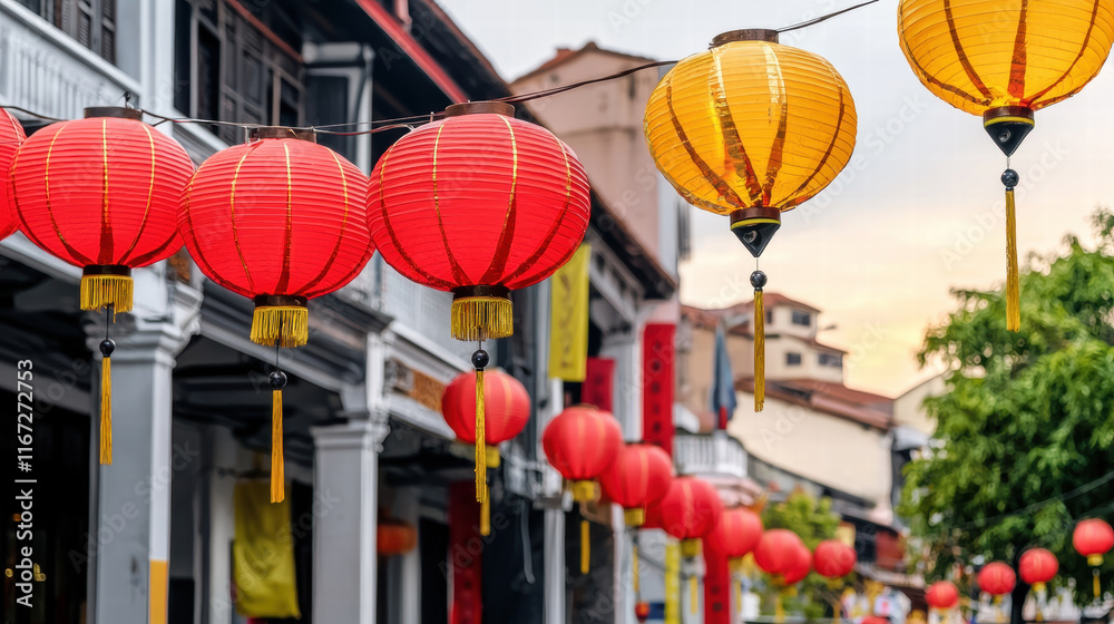bustling street adorned with vibrant red lanterns and golden decorations creates festive atmosphere. , Lunar New Year bustling street adorned with vibrant red lanterns and golden decorations creates festive atmosphere. , Lunar New Year