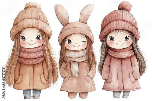 Three cute, cartoon-style girls in winter outfits with hats and scarves.